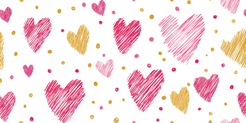 Playful seamless pattern of scribbled hearts in pink, magenta, and gold on a white background for fun stationery and textiles.