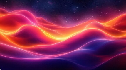 Glowing flowing abstract waves in vibrant purple, pink, and orange hues against a starry night sky conveying a sense of wonder and motion