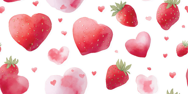 Watercolor seamless pattern of heart-shaped strawberries and pink hearts on a white background for summer packaging and fabrics.