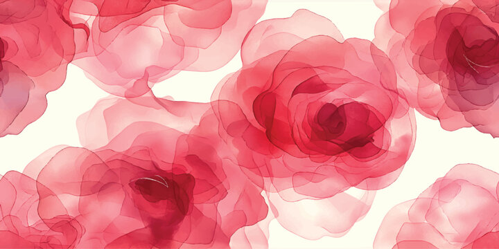 Abstract fluid art seamless pattern of large, layered red and pink watercolor rose blooms on a light background for luxury design.