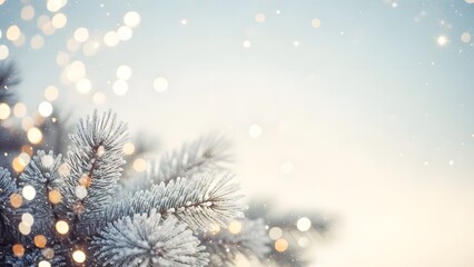 Christmas winter blurred background. Xmas tree with snow decorated with garland lights, holiday festive background. Widescreen backdrop. New year Winter art design, wide screen holiday border