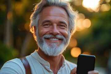 Obraz premium Smiling elderly man with white beard holding a smartphone outdoors with a blurred sunset background