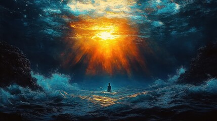 A lone figure stands amid turbulent ocean waves under a glowing golden light breaking through dark stormy clouds, evoking a sense of awe and solitude