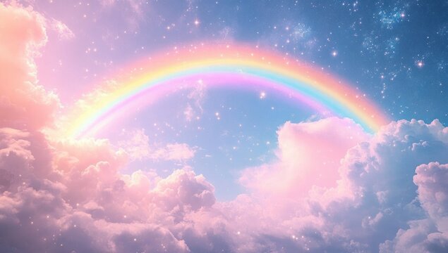 Bright and colorful rainbow arching over fluffy pink clouds against a sparkling blue sky filled with tiny stars and a warm glowing light