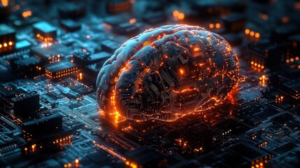 Futuristic digital brain integrated with glowing circuitry on a high-tech electronic microchip board, symbolizing artificial intelligence and neural networks