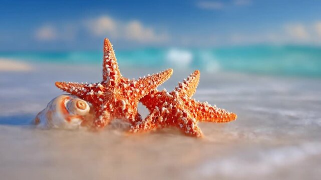 Two! orange starfish calmly rest on sunlit sand beside a patterned shell, with turquoise sea nearby