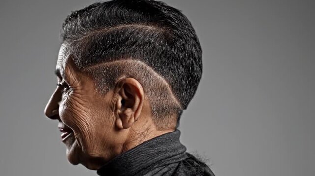 Profile of an elderly woman with a modern undercut hairstyle.
