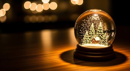 Festive snow globe sparkling with miniature winter scene on a wooden table with warm bokeh lights for Christmas holiday concept and cozy seasonal atmosphere