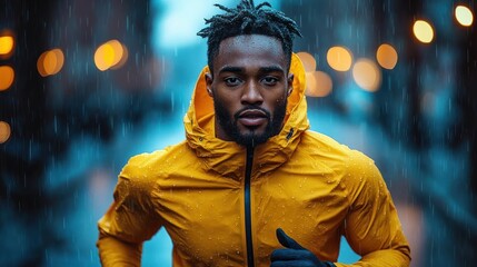 determined young man running in the rain wearing a yellow waterproof jacket with water droplets on fabric and blurred city lights in background