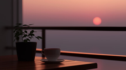 Fototapeta premium Serene sunset view with coffee cup and plant on a wooden table