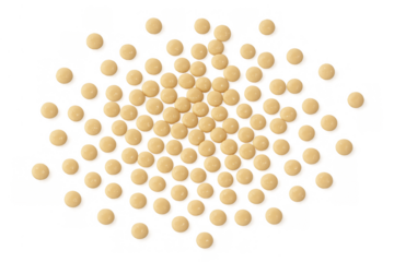 Beige pills scattering, representing medicine, vitamins, and healthcare, top view on transparent background