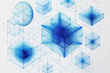 Intricate translucent blue geometric shapes resembling cubes and spheres connected by fine lines on a white background conveying a sense of complexity and precision