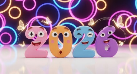 Obraz premium Cute cartoon numbers 2026 with butterflies and neon lights