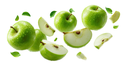 Fresh green apple and sliced half with seeds on black background for healthy food concept