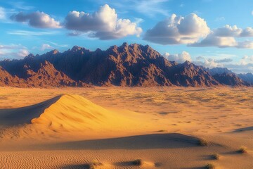 Naklejka premium Golden sand dunes under a bright blue sky with scattered white clouds and rugged mountain range in the background