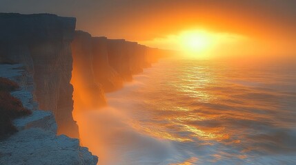 Majestic rocky cliffside glowing with orange light as the sun sets over a misty, calm ocean creating a serene and breathtaking atmosphere