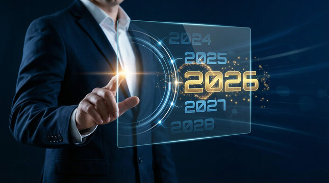 Businessman planning for 2026 financial year with digital interface, forecasting future success with modern technology for business growth and innovation