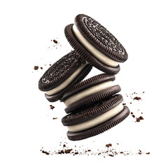 3d realistic vector icon. Falling oreo chocolate cookies. Isolated on white background.