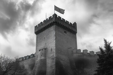 Naklejka premium Tall medieval stone fortress tower with battlements and a flag flying atop under a cloudy sky, surrounded by bare trees and stone walls