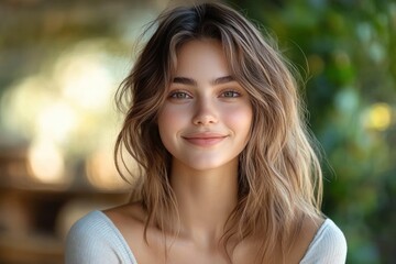 Naklejka premium Close-up portrait of a young woman with wavy light brown hair, natural makeup, and a gentle smile, wearing a white off-shoulder top with a blurred green outdoor background