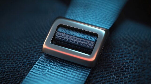 Close-up of a blue woven strap threaded through a metallic rectangular buckle against a textured blue fabric background, evoking precision and detail