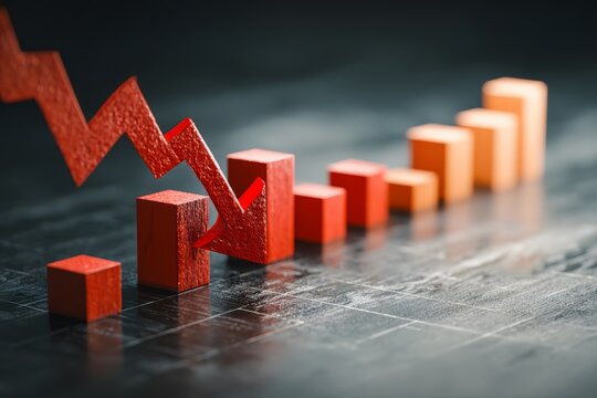 Close-up of red and orange wooden blocks arranged in a line with a downward arrow indicating decline or decrease on a dark background