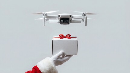A white drone hovers above a hand wearing a red and white Santa Claus glove, holding a small gift box with a red ribbon. The background is plain and light, ideal for copy space.