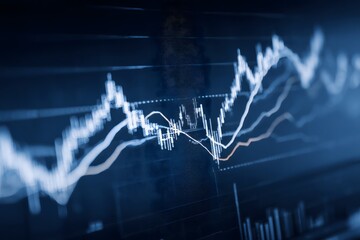 Dynamic financial stock market chart with rising trend lines and data graph analysis in dark blue background