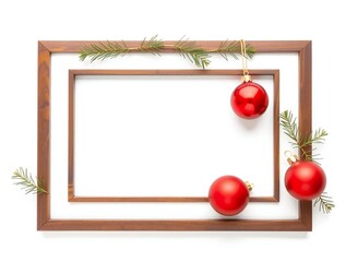 Rustic wooden frames decorated with festive red christmas ornaments and greenery