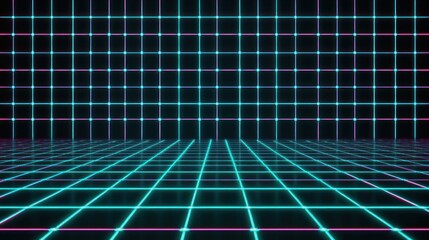 Futuristic digital grid space with neon blue lines forming a 3D floor and wall pattern creating a glowing, high-tech atmosphere