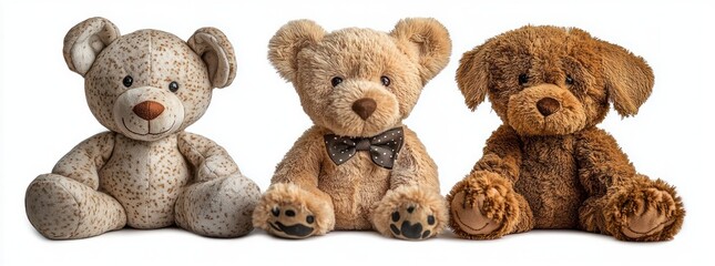 Three soft plush toys including two teddy bears and one teddy dog sitting in a row with friendly facial expressions against a white background