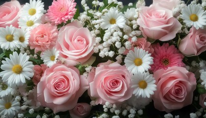 Close-up of a vibrant floral arrangement with soft pink roses, white daisies, tiny white baby's breath flowers, and pink gerbera daisies creating a delicate and fresh bouquet