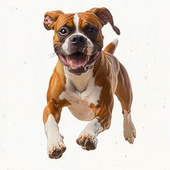 Obraz premium happy energetic brown and white dog with floppy ears joyfully running forward with mouth open and tongue slightly out on white background