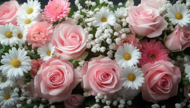 Close-up of a vibrant floral arrangement with soft pink roses, white daisies, tiny white baby's breath flowers, and pink gerbera daisies creating a delicate and fresh bouquet - Powered by Adobe
