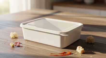 A white rectangular baking dish sits on a wooden table surrounded by pieces of food and red peppers in a bright kitchen.
