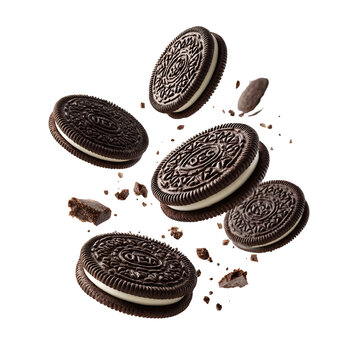 3d realistic vector icon. Falling oreo chocolate cookies. Isolated on white background.