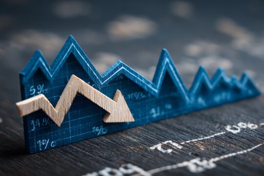 Business financial decline graph with downward arrow and fluctuating trend line indicating economic downturn or market decrease