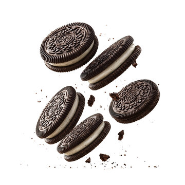 3d realistic vector icon. Falling oreo chocolate cookies. Isolated on white background.