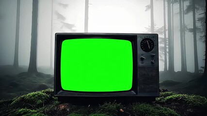 An old CRT TV sits in a foggy forest, screen flickering static with neon-hued glitches. shadows glow - Powered by Adobe