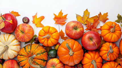 vibrant autumn pumpkins, gourds and colorful leaves display