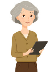 Elderly woman with tablet on transparent background