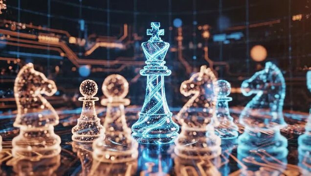 Digital Blue Neon Chess King And Pieces Illuminated On Circuit Board Background With Orange Lights