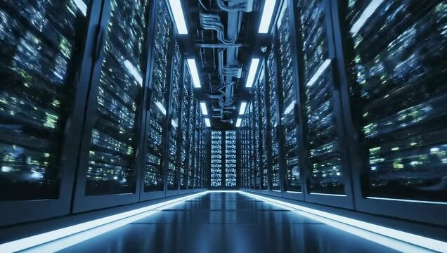 Futuristic Data Center Server Room With Blue Lights And Rows Of Racks Technology Interior