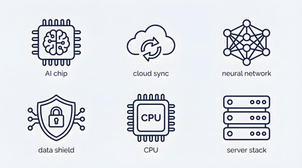 Collection of Six Futuristic Technology Icons AI Chip, Cloud Sync, Neural Network, Data Shield, CPU, and Server Stack