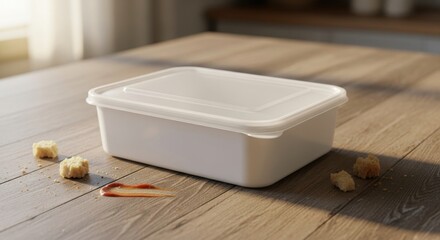 A white plastic container with a lid sits on a wooden table surrounded by sugar cubes.