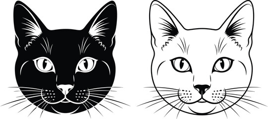 Black cat head silhouette and outline line art portrait vector illustration isolated on white background for pet logo design