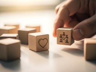 Wooden blocks with heart and networking symbols stand prominently among several blank blocks. Symbolizes prioritizing human values, teamwork, and strong corporate culture in decision-making.