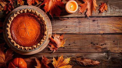 Festive Pumpkin Pie with Autumn Leaves and Mini Pumpkins