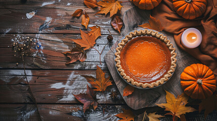 Classic Autumn Pumpkin Pie with Rustic Fall Leaves