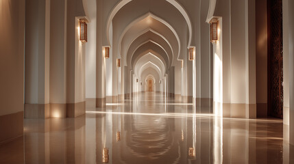 Fototapeta premium Cloud dancer architecture hallway interior design columns arches light luxury perspective colour of the year 2026